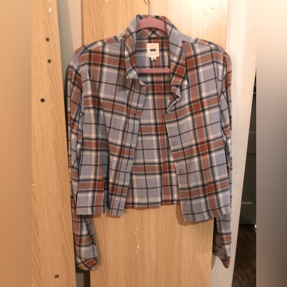 Vans women’s medium cropped flannel, button up with collar, blue and orange